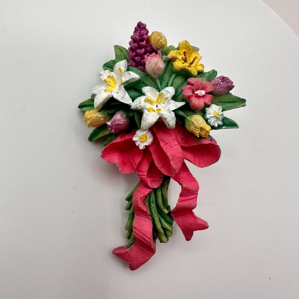 Vintage 80s Hand Painted Floral Bouquet Brooch Pin Red Ribbon Detailed Jewelry